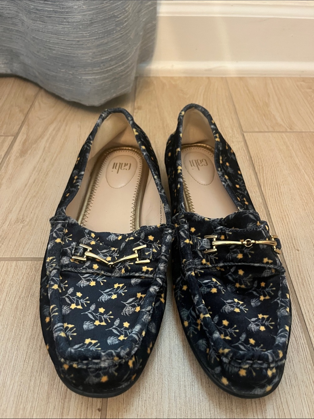 CAbi Black Floral Velvet Loafers with Gold Bit